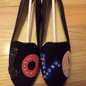 Women's Jon Josef LOVE Flat Shoes Black~Leather + Linen ~ Made in Spain Size: 9M
